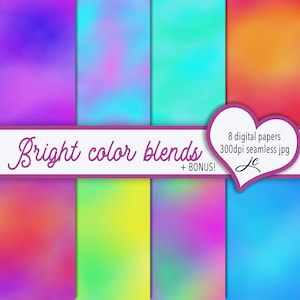 Bright Color Blends Digital Papers + BONUS Photoshop Pattern Files, Seamless, Multi-Color, Backgrounds, Clipart, Personal and Commercial Use