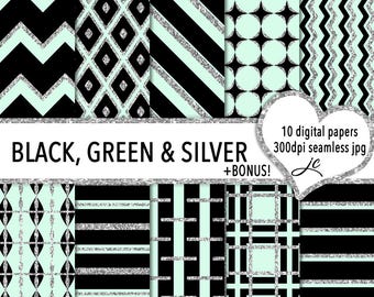 May include: Ten digital papers featuring black, green, and silver geometric patterns. The patterns include stripes, zigzags, diamonds, and circles. 300dpi seamless jpg. +BONUS!