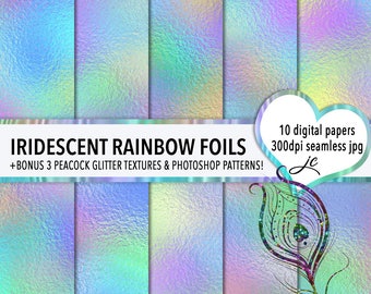 Papiers numériques iridescents Rainbow Foils + BONUSES Peacock Glitter et Photoshop Pattern Files, Seamless, Textures, Utilisation personnelle et commerciale