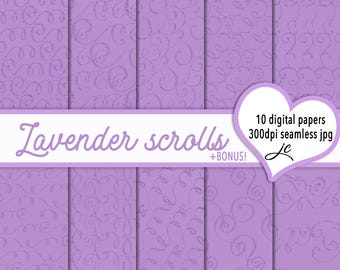 Lavender Scrolls Digital Papers + BONUS Photoshop Pattern File, Seamless, Textures, Backgrounds, Clipart, Personal and Commercial Use