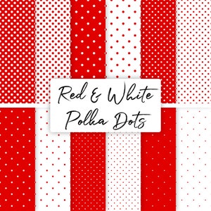 May include: Eight different red and white polka dot patterns. The patterns vary in size and density of the polka dots.