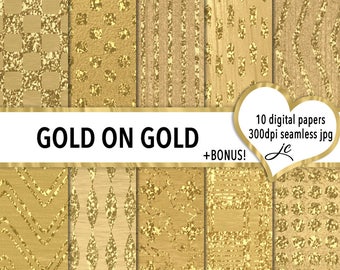 Gold on Gold Digital Papers + BONUS Photoshop Pattern Files, Seamless, Textures, Backgrounds, Clipart, Personal & Commercial Use