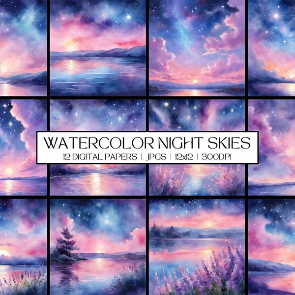 Watercolor Night Skies, Pink Clouds, Backgrounds, Textures, Digital Papers, Sublimation, Scrapbooking, Clipart, Personal and Commercial Use