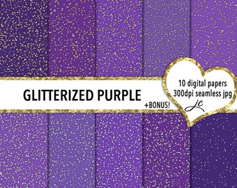 Glitterized Purple Digital Papers + BONUS Photoshop Pattern Files, Seamless, Textures, Scrapbooking, Backgrounds, Personal & Commercial Use