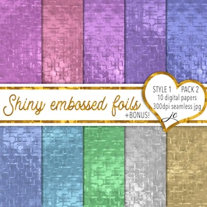 Puede incluir: Un conjunto de 10 papeles digitales con texturas de lámina brillante en relieve en varios colores, incluidos morado, rosa, azul, verde, plata y oro. Los papeles son de 300 dpi y sin costuras.  STYLE 1 PACK 2 10 digital papers 300dpi seamless jpg +BONUS! Le