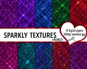 May include: Ten digital papers with sparkly textures in various colors, including purple, blue, green, and red. The papers are 300dpi and seamless. The text "Sparkly Textures + Bonus!" is displayed on a red banner.