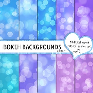 May include: Ten digital papers with a bokeh background in shades of blue, purple, and pink. The papers are 300 dpi and seamless. The text "Bokeh Backgrounds" is at the top of the image. The text "10 digital papers 300dpi seamless jpg" is in a heart shape at the bottom right of the image.