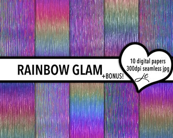 Rainbow Glam Digital Papers + BONUS Photoshop Pattern Files, Sans couture, Textures, Arrière-plans, Clipart, Utilisation personnelle et commerciale