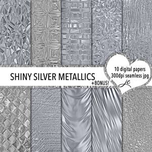 Shiny Silver Metallics Digital Papers + BONUS Photoshop Pattern Files, Seamless, Textures, Backgrounds, Clipart, Personal & Commercial Use
