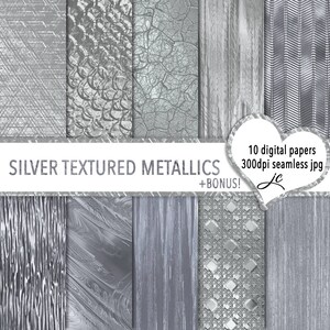 Silver Textured Metallics Digital Papers + BONUS Pattern Files, Seamless, Textures, Backgrounds, Clipart, Personal & Commercial Use