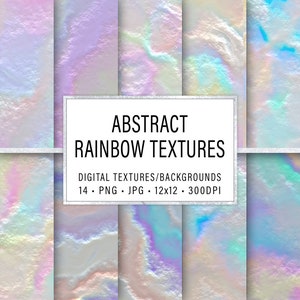 May include: A set of 14 digital textures featuring iridescent rainbow colours. The textures are perfect for adding a unique and eye-catching effect to your designs.  The textures are 12x12 inches and 300 DPI.