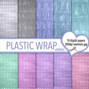 Może przedstawiać: Dziesięć cyfrowych papierów z bezszwowym wzorem folii plastikowej w różnych pastelowych kolorach, w tym jasnoniebieskim, szarym, różowym i zielonym. Tekst "PLASTIC WRAP" jest wyświetlany białymi literami na niebieskim tle. Tekst "10 cyfrowych papierów 300dpi bezszwowe jpg" jest wyświetlany białymi literami na różowym tle w kształcie serca.