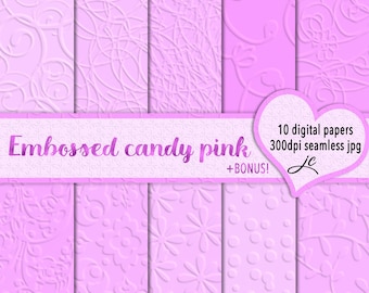 Embossed Candy Pink Digital Papers + Bonus Photoshop Pattern File, Seamless, Textures, Backgrounds, Clipart, Personal and Commercial Use