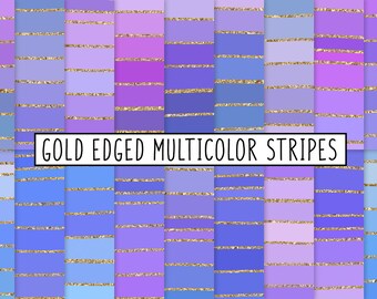 May include: A digital paper pack with 25 different patterns of blue and purple stripes with gold glitter edges.  The text "GOLD EDGED MULTICOLOR STRIPES" is at the top of the image.