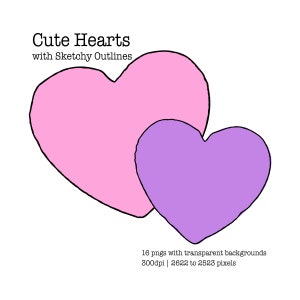 Cute Hearts with Sketchy Outlines Clipart, Transparent Backgrounds, Scrapbooking, Card Making, Collage Making, Personal and Commercial Use