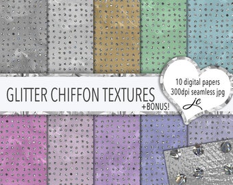 Glitter Chiffon Digital Papers + BONUS Pattern Files, Sans couture, Textures scintillantes, Mousseline, Arrière-plans, Clipart, Utilisation personnelle et commerciale
