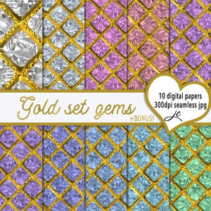 Könnte beinhalten: Ein Set aus 10 digitalen Papieren mit nahtlosen Mustern aus goldgerahmten, glitzernden Edelsteinen in verschiedenen Farben, darunter Silber, Rosa, Lila, Blau und Grün. Der Text "Gold set gems" und "10 digital papers 300dpi seamless jpg" ist im Bild enthalten.