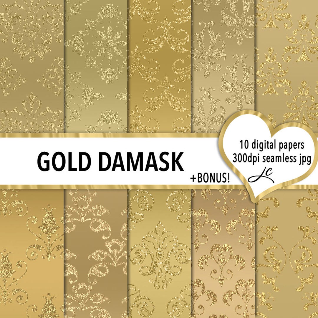 Gold Damask Textures: Seamless Digital Paper (JPG + Photoshop Pattern ...
