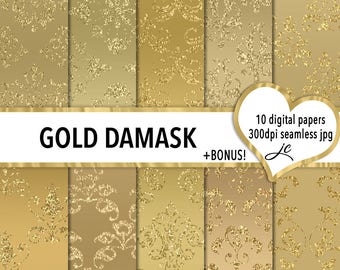Gold Damask Digital Papers + BONUS Photoshop Pattern File, Seamless, Textures, Backgrounds, Clipart, Personal & Commercial Use
