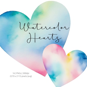 Set di clipart cuori acquerello multicolore, PNG, sfondi trasparenti, Scrapbooking, creazione di cartoline, sublimazione, uso personale e commerciale