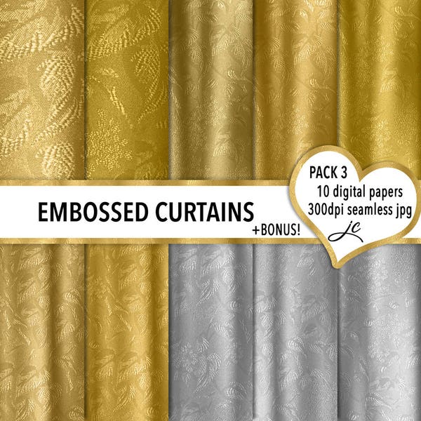 Embossed Curtains Digital Papers (Pack 3) Gold and Silver + BONUS Pattern Files, Seamless, Textures, Backgrounds, Personal & Commercial Use