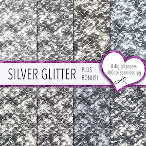 Silver Glitter Textures: Seamless Digital Paper (JPG + Photoshop Pattern)