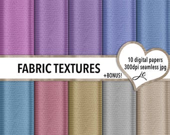 May include: Ten digital papers with fabric textures in various colors, including blue, purple, pink, beige, and gray. The papers are 300dpi and seamless. The text "FABRIC TEXTURES" is displayed in a banner across the top of the image. The text "10 digital papers 300dpi seamless jpg" is displayed in a heart-shaped banner in the upper right corner of the image.