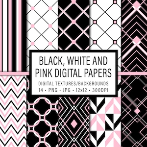 Art Deco Digital Paper: Black, White, and Pink Geometric Patterns (JPG, PNG)
