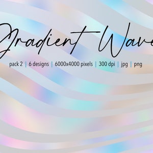 Puede incluir: Gradient Waves, un paquete de descarga digital de 6 diseños de ondas de degradado iridiscente, cada diseño mide 6000x4000 píxeles a 300 dpi, en formatos JPG y PNG.