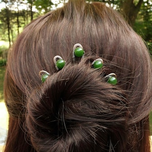 mini hair pins narrow set of 5 for updo hairstyles buns, hand made jewellery for hair,dark green jade stone, strong and sturdy