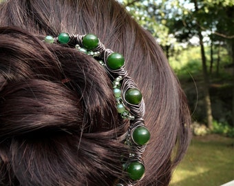 Jade Beaded Hair Fork Comb: Handmade Copper Wire Wrap