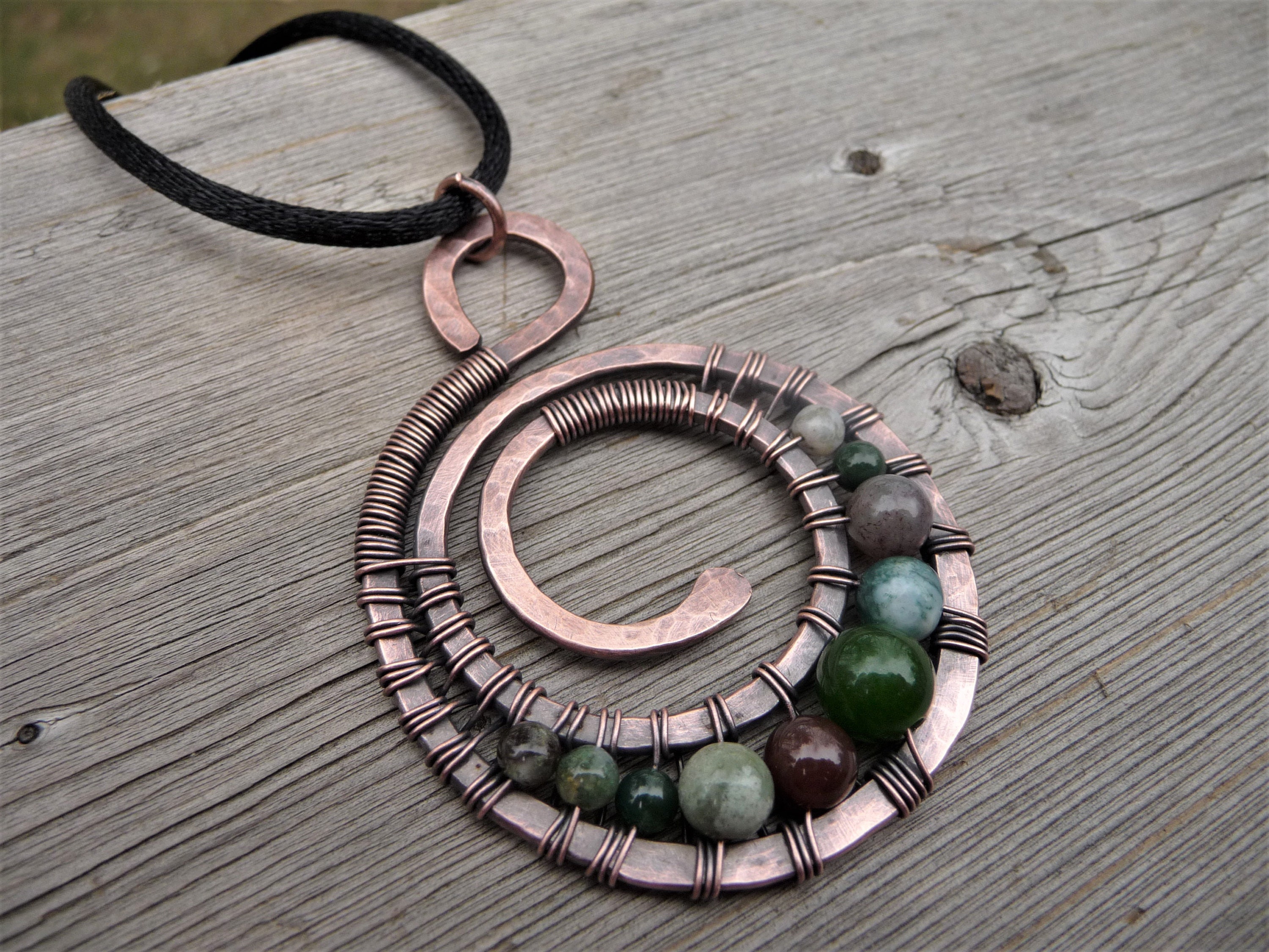 Spiral Necklace With Beads Jasper Stone Pendant Copper Earthy - Etsy Canada