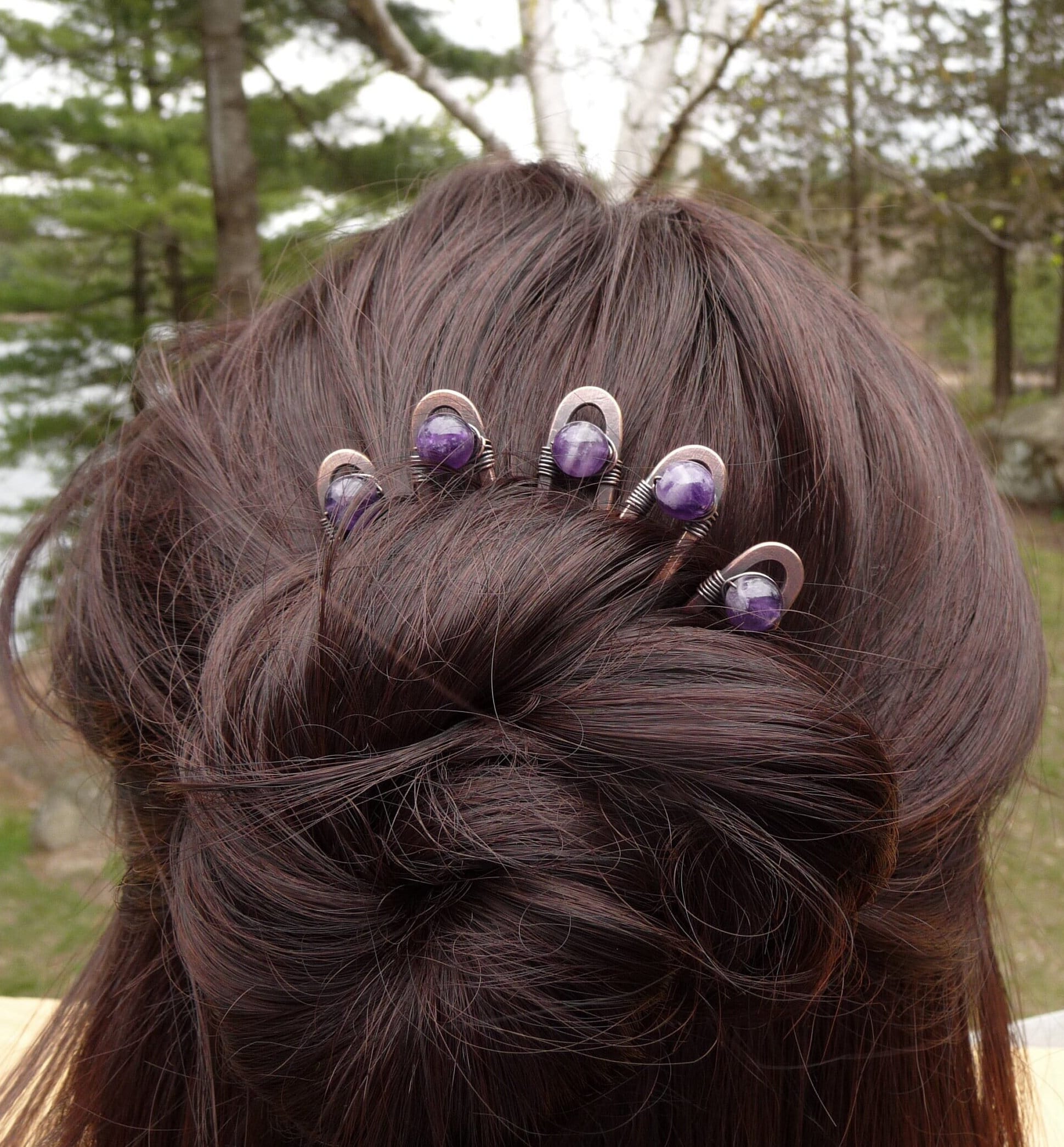 Amethyst Hair Pins for Buns, Copper Hair Forks, Set of 5 - Etsy display picture 3
