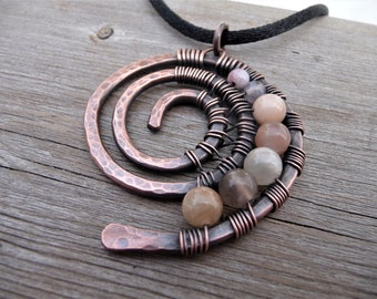Handmade Copper Spiral Pendant Necklace with Sunstone