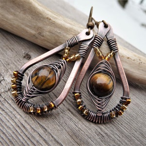 amber bronze earrings with natural tiger's eye stone, wire wrapped jewelry, unique beaded hand forged earrings, boho dangle teardrop, copper