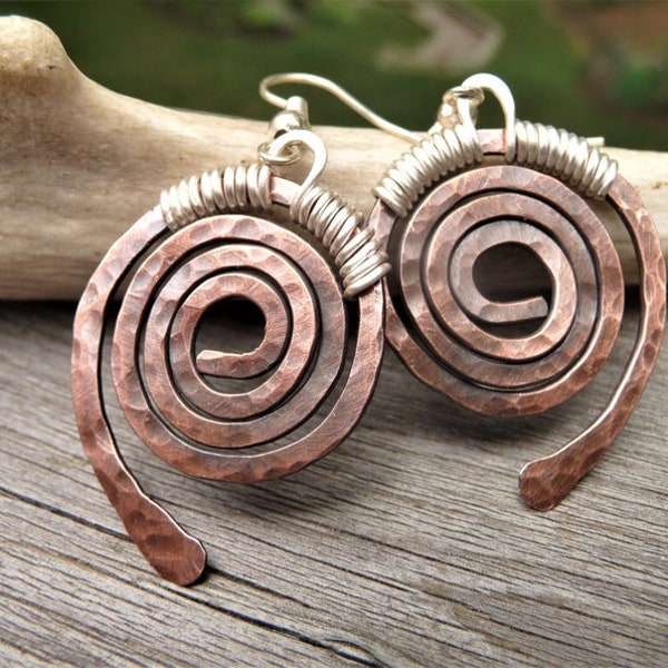 Copper Earrings, Hand Made Jewelry, Copper Dangle Earrings, Swirl Earrings, Rustic Earrings, Mixed Metal Earrings, Spiral Earrings, Silver