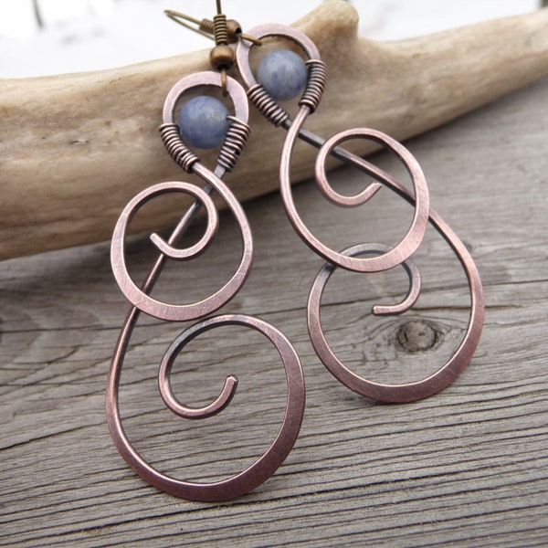 wire wrapped copper boho earrings copper jewelry dangle hand made woman gift one of a kind unique metal patina spiral Celtic bohemian wrap