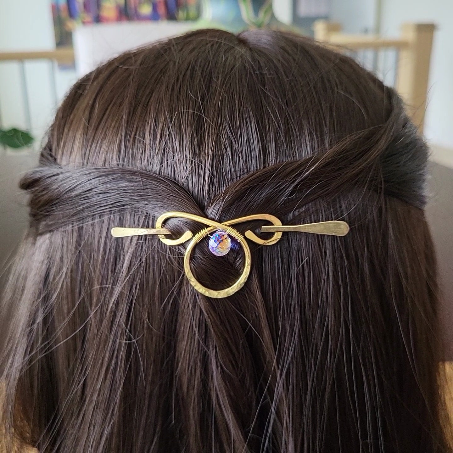 Tiny Brass Hair Barrette With Teardrop Bead: Hand Forged Hair Clip