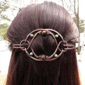 Large Celtic Copper Hair Barrette, Tiger's Eye, Boho Jewelry