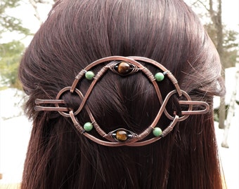 Large Celtic Copper Hair Barrette, Tiger's Eye, Boho Jewelry