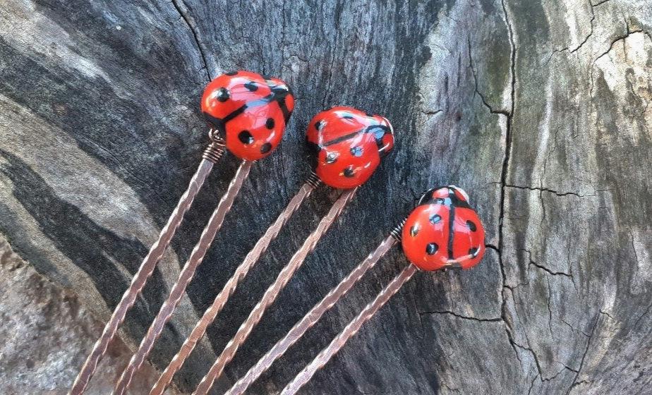 Copper Ladybug Hair Pins: Ceramic Bead Bun Updo Jewelry - Etsy