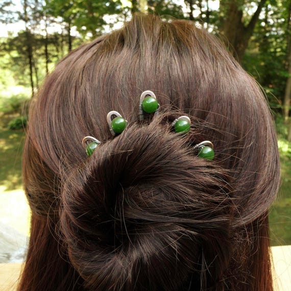Wire Wrapped Hair Pins, Green Jade Stone, Copper Metal (SET of 5)
