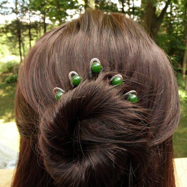 mini hair pins narrow set of 5 for updo hairstyles buns, hand made jewellery for hair,dark green jade stone, strong and sturdy