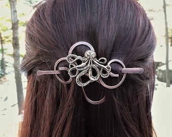 Copper Octopus Hair Barrette with Stick, Silver Sea Creature Hair Pin