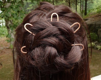 metal hair pin set of 5 pins for buns, copper hair fork mini french hair pin bobby pins half bun holder hairpin 4" updo u topknot handmade