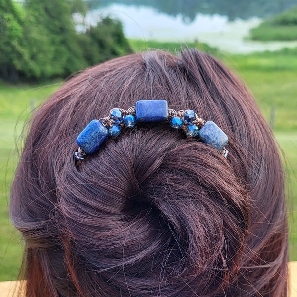 6 prong hair comb fork for updo bun hairstyles, french twist, bun holder, hair pin, hair clasp clip, unique hand made haircomb, stone beaded