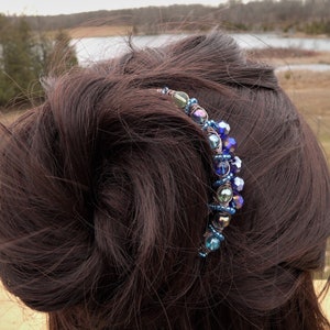 beautiful blues hair fork pin for buns, bun comb, hair fork, hair accessories for women, gifts, unique crystal beaded tiara hair holder pins