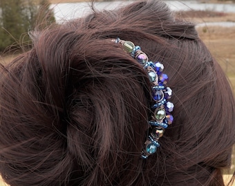 Beaded Hair Fork Pin, Ocean Blue Crystal Bun Comb, Copper Wire