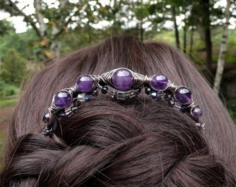 Amethyst Hair Comb Fork, Beaded Crystal Copper Hairpin