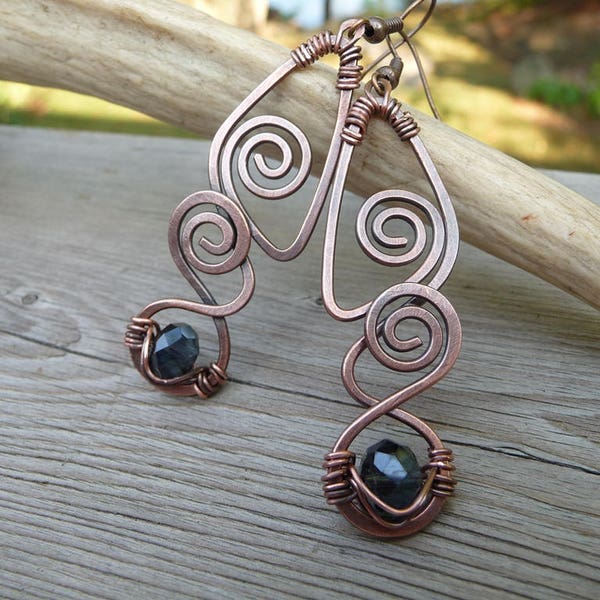 wire wrapped earrings, spiral earrings, gift women, copper wire jewelry women's accessory gifts wire wrap jewelry handmade one of a kind for